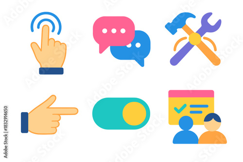 Interactive Icon Set. Interaction Actions flat icon set: tap gesture, dialogue exchange, shared tool, pointing hand, switch toggle, joint task card