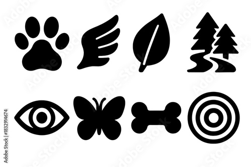Brutalist Animal Icons. Animal Behavior silhouette icon set. paw symbol, bird wing, leaf, forest path, eye, butterfly, bone, ripple circle