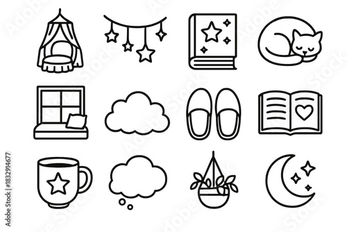 Whimsical Reading Icons. Whimsical reading retreat icons linear icon set. canopy chair, fairy lights, storybook with stars, cat curled up, window seat, cloud cushion, soft slippers