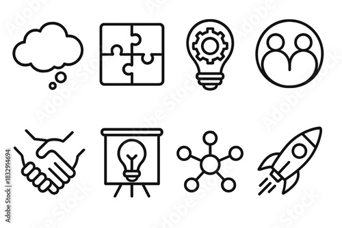 Innovation Icon Set. Collaborative Innovation linear icon set. brainstorming bubble, puzzle pieces, lightbulb gear, teamwork circle, partnership hands, idea board, connection nodes