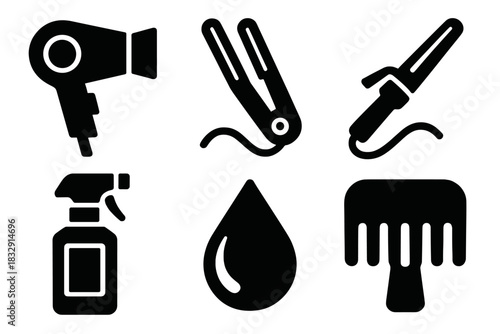 Bold Hair Care Icons. Hair Care Set silhouette icon set: hair dryer, flat iron, curling wand, heat protectant spray, serum drop, detangling comb