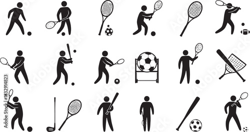 Collection of Black and White Sport Icons Featuring Tennis Baseball Golf Football and Soccer Players and Equipment