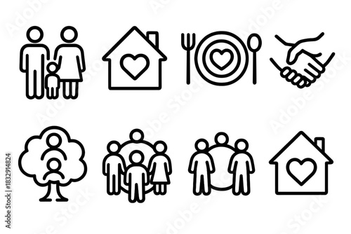 Family Unity Icons. Family Icons linear icon set: parent figures, child silhouette, heart home, shared meal symbol, bonding hands, family tree, unity circle, warm house