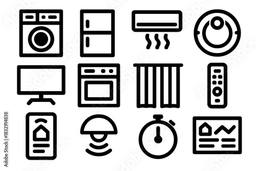 Bold Home Automation Icons. Home Automation silhouette icon set. washing machine, fridge, air conditioner, vacuum robot, TV, oven, curtain icon, remote control, app interface