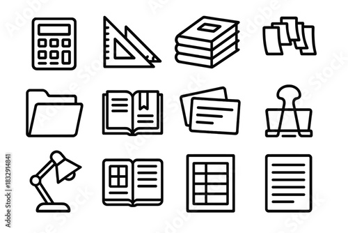 Education Tools Outline Icons. Higher Education Tools linear icon set: calculator, ruler set, notebook stack, sticky tabs, file folder, reference book, flashcards, binder clip