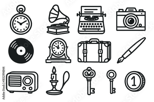 Vintage Collectibles Outline. Vintage Collectibles linear icon set. pocket watch, gramophone, typewriter, old camera, vinyl record, antique clock, suitcase, fountain pen, radio