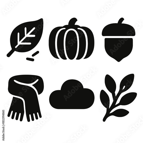 Bold Autumn Icons. Autumn Change silhouette icon set. falling leaf, pumpkin, acorn, scarf, cloud, branch