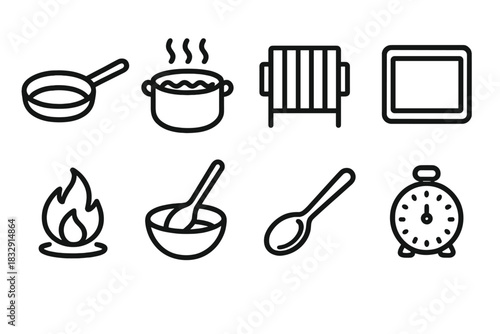 Cooking Icon Set. Cooking Technique Basics linear icon set: sauté pan, boiling pot, grill grate, baking tray, simmer flame, stir line, tasting spoon, kitchen timer