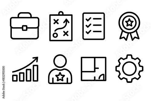 Professional Mastery Icons. Professional Mastery Set linear icon set: briefcase, strategy board, completed checklist, expertise badge, upward chart, leadership star, blueprint line