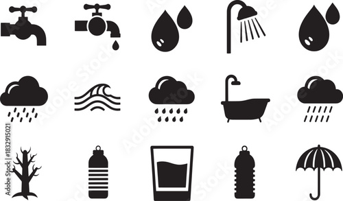 Collection of Black and White Water Related Vector Icons Showcasing Various Forms and Sources of Water