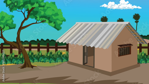 Serene Indian Rural Mud House with Corrugated Tin Roof Open Door Shade Tree Wooden Fence and Green Village Path Under Clear Summer Sky