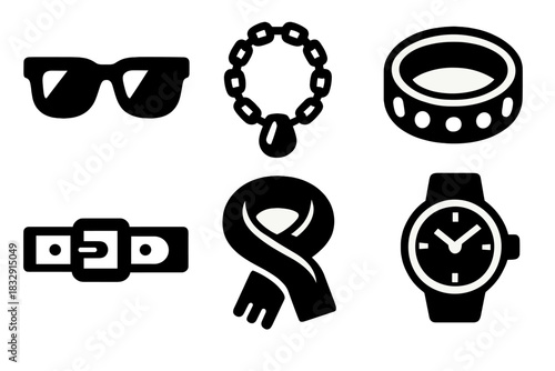 Brutalist Fashion Icons. Fashion Accessories Set silhouette icon set: sunglasses, necklace, bracelet, belt, scarf, watch