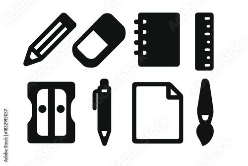 Brutalist Art Tools Icons. Drawing Essentials silhouette icon set: pencil, eraser, sketchbook, ruler, sharpener, pen, paper, brush