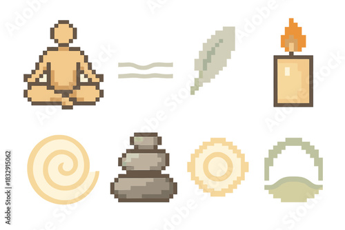 Inner Peace Icons. Inner Peace Symbols pixel style icon set: meditation pose, still water line, floating feather, candle flame, quiet breath swirl, balance stone stack, soft glow