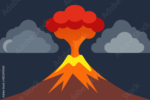 Volcano erupting with lava and ash clouds in a dark sky