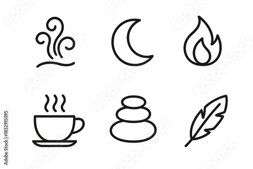 Relaxing Icons Set. Relaxation Mood linear icon set: steam swirl, moon, flame, tea cup, pebble stack, feather