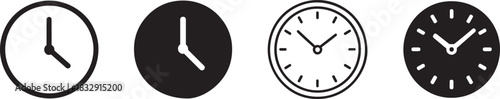 Clean silhouette clock icon set with simple time symbols, ideal for schedules, timers, and UI design.