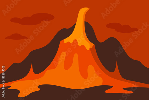 Stylized volcano erupting with lava flow and clouds
