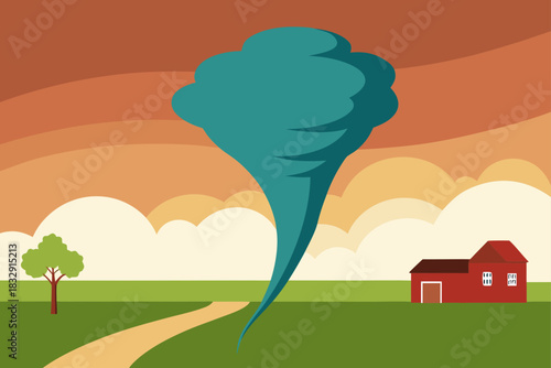 Cartoon tornado approaching a house and tree