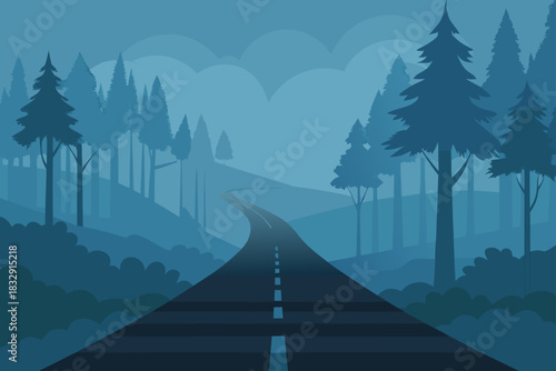 Serene forest road winding through misty blue landscape