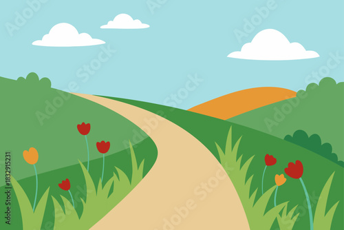 Winding path through rolling hills with flowers and clouds