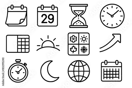 Time Flow Icons. Calendar Leap linear icon set. paper calendar, date flipping, highlighted 29th, hourglass, clock hands, yearly planner, sun path, seasonal icons, leap motion arrow