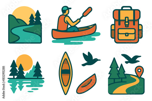 Canoe Adventure Icon Set. Nature Canoe Journey flat icon set: river bend, paddler figure, wooden canoe, misty forest, gear bag, calm lake, bird in flight, adventure trail