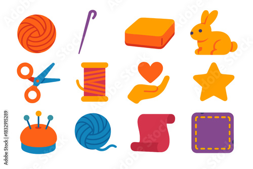 Needle Felting Essentials. Needle felting flat icon set: wool ball, felting needle, foam pad, animal figure, scissors, thread spool, hand, heart, star, pin cushion, yarn, fabric