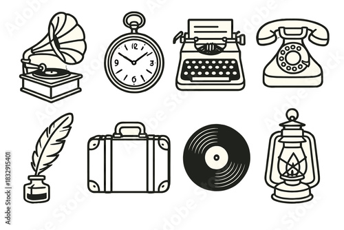 Vintage Icon Collection. Vintage Style linear icon set: gramophone, pocket watch, typewriter, rotary phone, feather pen, suitcase, vinyl record, lantern