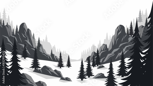 Monochromatic Winter Landscape with Evergreen Trees and Rocky Mountains.