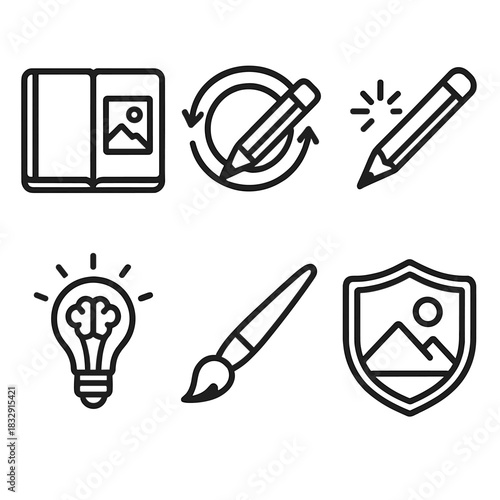 Creative Process Icons. Creative Dedication linear icon set: sketchbook, repeated practice loop, refinement pencil, idea persistence spark, detail brush, finished piece emblem