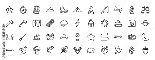 Outdoor adventure and camping line icon set. Vector pictograms of compass, tent, backpack, campfire, and wildlife, thin linear illustration.