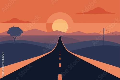 Vast horizon road leading to the setting sun over mountains