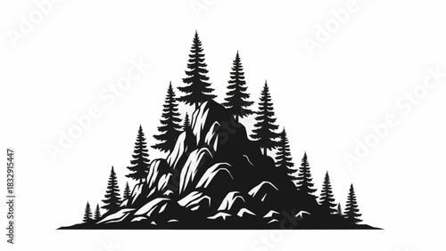 Monochrome mountain landscape with trees, a natural outdoor scene.