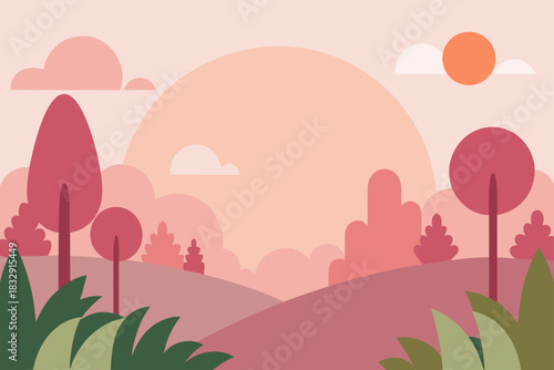 Abstract minimalist landscape with rolling hills and trees at sunset