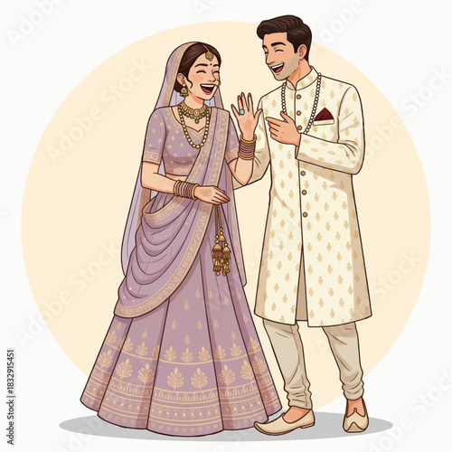 Smiling Indian Wedding Couple Illustration in Pastel Traditional Attire