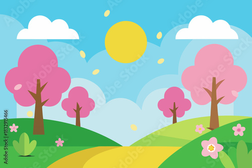 Whimsical spring landscape with pink trees and sunny sky