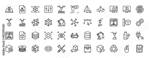 Additive manufacturing and 3d printing line icon set. Vector pictograms of settings, geometry, filament, robot arm, and tools, thin linear illustration.