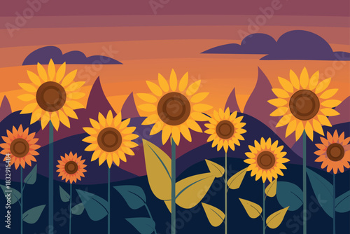 Stylized sunflowers field against a sunset sky and mountains