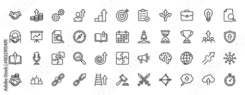 Business and strategy line icon set. vector pictograms of briefcase, growth chart, target, handshake, and gears, thin linear illustration.