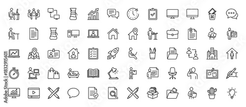 Business and remote work line icon set. Vector pictograms of clock, computer, meeting, coffee, document, laptop, briefcase, rocket, home and chat, thin linear illustration.
