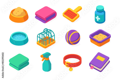 Pet Shelter Essentials. Shelter care essentials flat icons set. food bowl, blanket, grooming brush, medicine bottle, water dish, cage, toy ball, litter box, towel, spray bottle