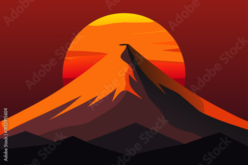 Dramatic sunset over a stylized mountain peak