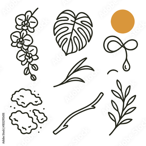 Tropical Orchid Icons. Tropical Orchids linear icon set: cascading bloom cluster, rainforest leaf, moss patch, vine loop, dew droplet, warm sun disk, branch curve, natural sprig