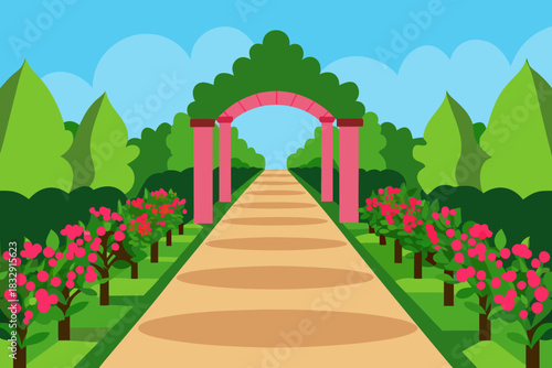 A picturesque garden path leads through blooming bushes to a decorative archway