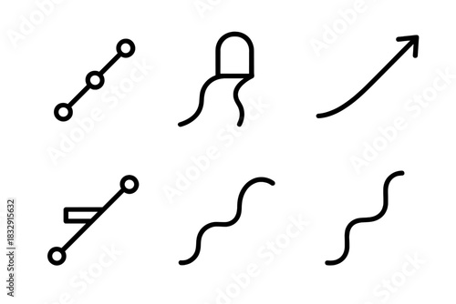 Path Symbol Icons. Path Concepts linear icon set: progression line, milestone stone, guiding arc, transition bar, flowing curve, open route