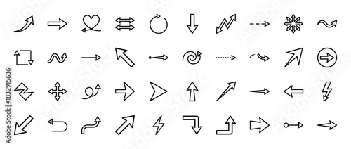 Interface design and navigation line icon set. Vector pictograms of directional, curved, and complex arrows, editable stroke outline illustration.