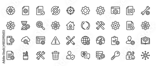 Settings and tools outline icon set. Vector pictograms of configuration, repair, maintenance, and process, thin linear illustration.