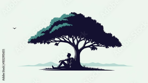 Silhouette of a person sitting under a large tree.