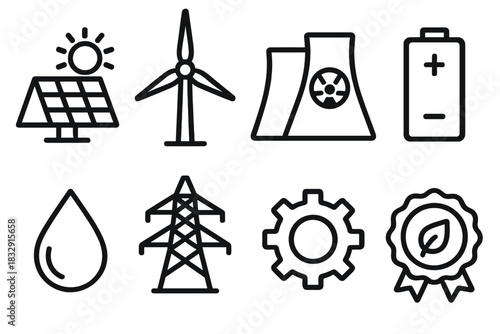 Sustainable Energy Icons. Sustainable Power Mix linear icon set. solar farm, wind turbine, nuclear plant, battery pack, water drop, transmission tower, gear, eco badge